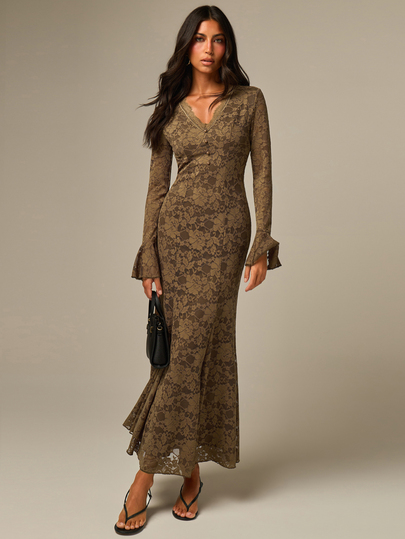 COSMINA Women's V-Neck Bell Sleeve Elegant Vintage Lace Dress Dinner Brunch Khaki Autumn