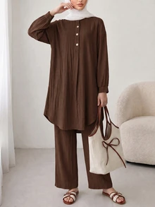 Solavon Women's Solid Color Shirt And Pants Arabic Costume Set - Coffee Brown - View 3