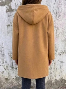 Balvessa Casual Commute Elegant Daily Wear Loose Fit Long Thigh Length Hooded Jacket With Pockets Camel Color Spring Autumn Winter Long Sleeve Zipper Pockets - Camel - View 3