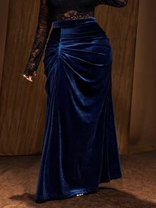 Maweii Plus Size Women's Vintage Ruched Drawstring Bodycon A-Line Velvet Solid Blue Skirt Fall - Blue - View 4