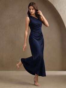 Savoree Women's New Elegant Asymmetrical Shoulder Satin Waist-Cinching Patchwork Dress, Suitable For Summer Party Formal Wear, Navy Blue - Navy Blue - View 1