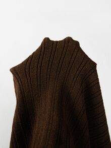 SHEIN New Ribbed Knit Midi Dress, Polo Collar Off-White Contrast, Slim Bodycon For Fall Winter - Coffee Brown - View 8