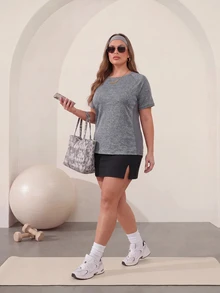 Gameset SHEIN Sport Plus Size Sports Fashion T-Shirt 2 Pieces Set, Gray And Pink Short Sleeve Mesh Patchwork Fashion T-Shirt Sportswear Gym Summer Kawaii - Multicolor - View 6
