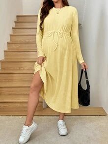SHEIN 孕婦簡約百搭紋理長袖洋裝 - 黃色 - 查看 4
