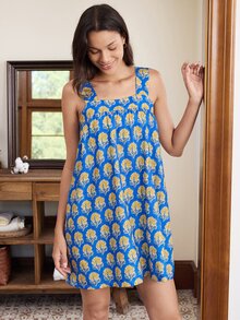 Doze Lane Blue Floral Floral Print Square Neck Cami Slip Dress, Comfortable Loose Sleeveless Loungewear Sleep Home Nightgown Summer Cute Casual - Navy Blue - View 7