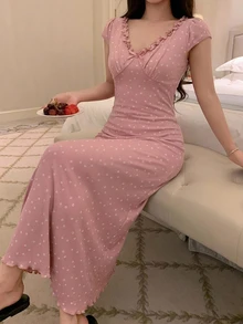 DAZY 碎花荷葉邊收腰長款女式睡袍 - 粉色 - 查看 5