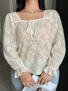 Dazy Plus Bowknot Decor Lace Puff Short Sleeve Elegant Versatile Spring Summer Apricot T-Shirt Fall - Apricot - View 6