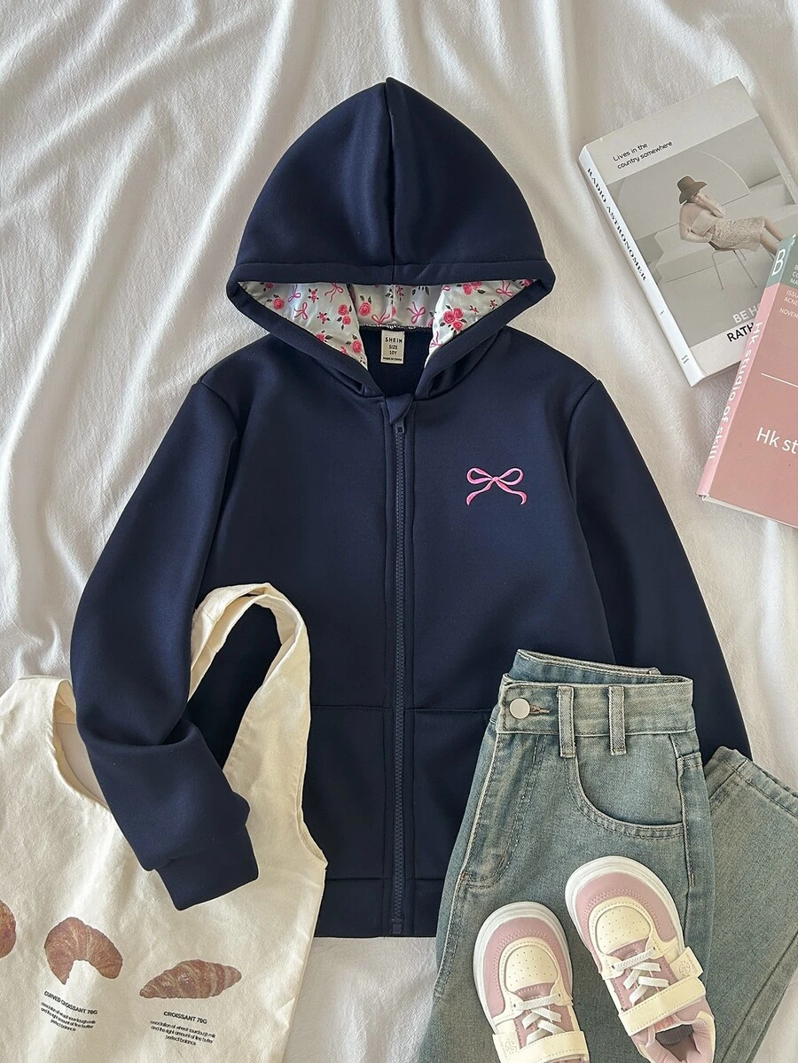(Tween Girl) 可愛甜美度假休閒百搭花朵蝴蝶結印花雙層連帽前開襟拉鍊口袋寬鬆外套,秋冬款 - 藏蓝色 - 查看 1