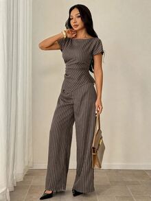 SHEIN PETITE Women's Striped Shirt & Pants Suit Set - Brown - View 8