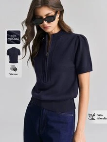 Ontre Women's Minimalist Versatile Zipper Short Sleeve Knit Top - Navy Blue - View 7