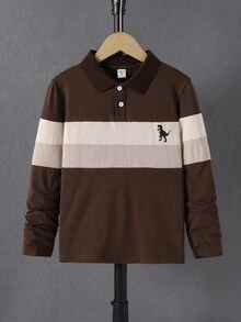 SHEIN Mirajuku Boys' Polo Shirt, Patchwork Long Sleeve, Simple Fashionable Turn-Down Collar, White - Mocha Brown - View 2