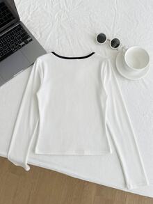 Tween Girls Ribbed Crew Neck Stretch Slim Fit All-Match Versatile Simple Long Sleeve T-Shirt, Comfortable - White - View 2
