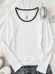 Tween Girls Ribbed Crew Neck Stretch Slim Fit All-Match Versatile Simple Long Sleeve T-Shirt, Comfortable - White - View 3