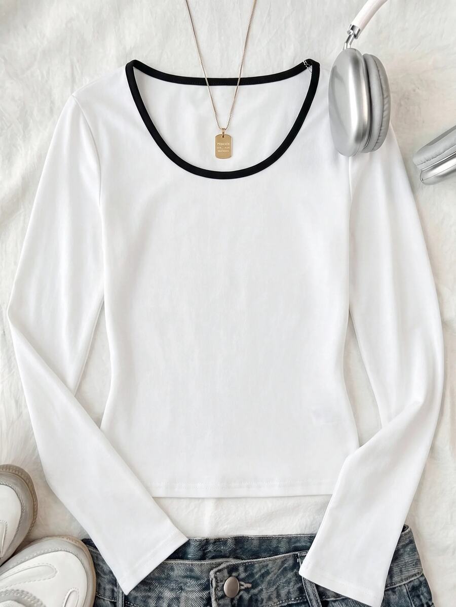 Tween Girls Ribbed Crew Neck Stretch Slim Fit All-Match Versatile Simple Long Sleeve T-Shirt, Comfortable - White - View 1