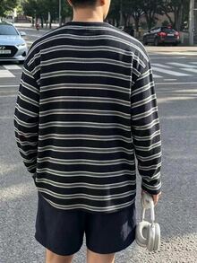 Resyla Men 男士半開襟鈕扣條紋休閒長袖T恤 - 白色 - 查看 2