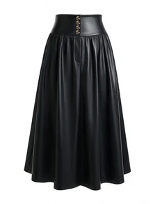 GlowEve CURVE Plus Size Women's Elegant Commuter Versatile PU Leather A-Line Ruched Skirt With Decorative Buckle, Autumn/Winter - Black - View 5