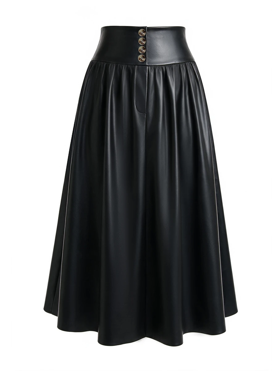 GlowEve CURVE Plus Size Women's Elegant Commuter Versatile PU Leather A-Line Ruched Skirt With Decorative Buckle, Autumn/Winter - Black - View 1