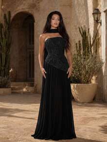Coutiva 優雅無肩帶水溶性珍珠刺繡露背 2 合 1 洋裝，適合春夏，附刺繡細節與大裙擺，正式晚禮服，適用於舞會、生日派對、音樂節、婚禮招待會、畢業典禮、返校派對等場合 - 黑色 - 查看 1