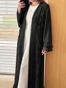 Al Najma Romantic Elegant Solid Color Flared Mesh Lace Decor Women's Abaya - Black - View 3