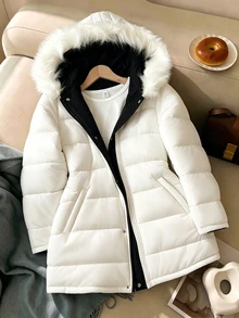 SHEIN 青少年女孩童裝外套，秋冬休閒時尚梭織拼色拼接可正反穿中長版拉鍊連帽抽繩收腰人造毛飾邊加厚派克夾克，黑色加厚外套，適合返校季、秋冬街頭穿搭、日常穿著 - 黑色 - 查看 2