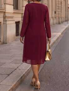 Fleurora Plus Size Women's Solid Color Long Sleeve Cardigan And Dress Elegant 2-Piece Set - Burgundy - View 3