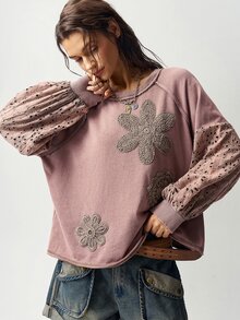 Bohemela 女款花卉印花休閒百搭日常穿著長袖運動衫 - 摩卡棕 - 查看 5