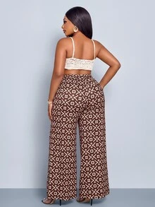 SOLERSUN Plus Size Women's Vintage Geometric Print Wide Leg Pants, Suitable For Full-Figured Women, High Waist Elastic Waistband, Flowy Wide Leg Pants, Burgundy Star Pattern Casual Vacation Pants, Vintage Atmosphere Color Scheme, Suitable For Various Occasions, Parties, Music Festivals, Daily Commute, Fashionable And Versatile, Street Style Outfit, Autumn/Winter New Arrival, Suitable For All Seasons - Red - View 5