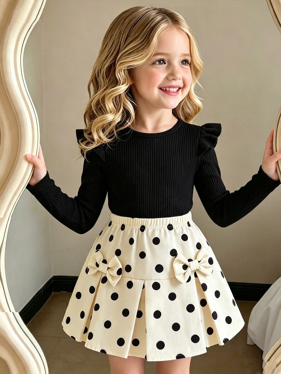 SHEIN Elladie kids 女童可愛休閒短袖羅紋上衣搭配時尚印花布料裙,舒適甜美 - 黑色 - 查看 1