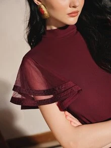 Anewsta Áo nữ ôm dáng tay cánh bướm bèo nhún hai lớp, phối patchwork gân tăm, phong cách Pháp nhẹ nhàng cho đầu thu - Màu Đỏ Sâu - Xem 2