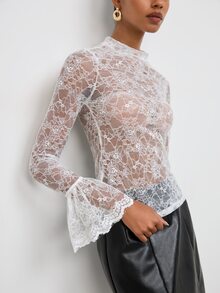 Maija 網眼底層修身透視蕾絲長袖上衣 T-shirt - 白色 - 查看 5
