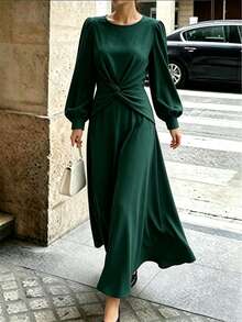 SHEIN Fall New Year Vintage Mature French Elegant-Style Ethereal Fairy-Style Dark Green Birthday Cocktail Office Tea Party Dresses - Green - View 5