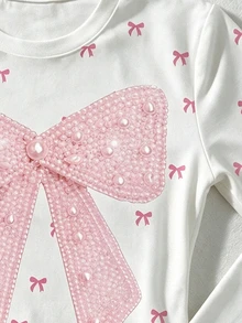 Tween Girls' Long Sleeve T-Shirt With Bow Knot All-Over Print, Sweet And Cute Faux Pearl Bow Knot Pattern, Suitable For Autumn And Winter, Perfect For Outdoor And Street Wear - Multicolor - View 4