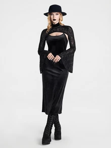 Breakform Gothic Halloween Women's Black Embossed Lace Sexy Textured Semi-High Neck Extended Bell Sleeve Architectural Patterns Gothic Niche Sleeve Top - Black - View 3
