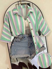 SHEIN Franclia 女款條紋短袖單排扣休閒通勤襯衫 - 綠色 - 查看 1