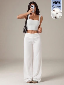 SHEIN Tall 黑色高腰寬腿寬鬆休閒長褲 - 白色 - 查看 2
