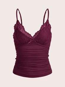SHEIN ICON Top de tirantes Y2K con encaje en contraste y fruncido - Burdeos - Ver 5