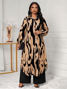 SHEIN Lady 大尺碼單排扣長袖襯衫與寬鬆長褲兩件套 - 彩色 - 查看 6