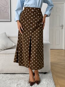 Elyressa Women's Woven Dotted Elegant Autumn Midi Skirt - Coffee Brown - View 6