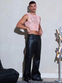 FeverCity Men's Fashion Sexy Rhinestone Decorated Mesh Cropped Tank Top - Pink - View 6