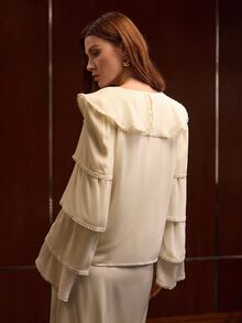 MOTF PREMIUM WOMEN'S BEIGE ROMANTIC RETRO RUFFLE V-NECK HOLLOW LACE PATCHWORK TIERED FLARED LONG SLEEVE ELEGANT BLOUSE COCKTAIL PARTY - Apricot - View 3
