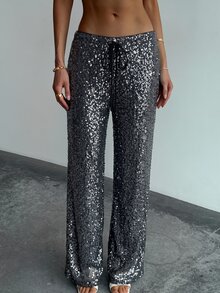 SHEIN Tall CURVE Plus Size Women Solid Color Waist Tie Sequin Wide Leg Long Pants - Black - View 10