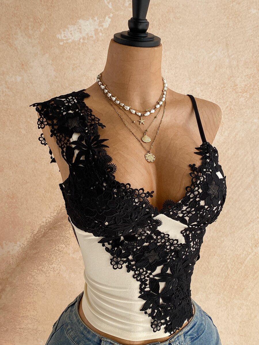 Soleia Sexy V-Neck Camisole With Lace Trim And Color Block Design For Women, Party, Date, Boho, Vacation, Vintage, Holiday - Apricot - View 1