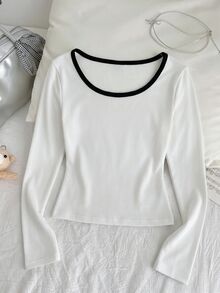 Tween Girls Ribbed Crew Neck Stretch Slim Fit All-Match Versatile Simple Long Sleeve T-Shirt, Comfortable - White - View 1