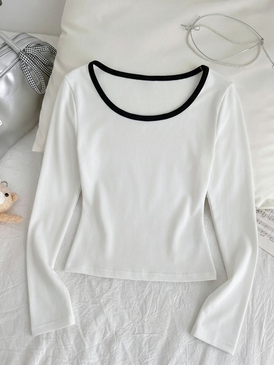 Tween Girls Ribbed Crew Neck Stretch Slim Fit All-Match Versatile Simple Long Sleeve T-Shirt, Comfortable - White - View 1