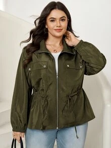 Comfylo Plus Size Women's Solid Color Zipper Casual Versatile Daily Travel Long Sleeve Jacket Fall - Green - View 4