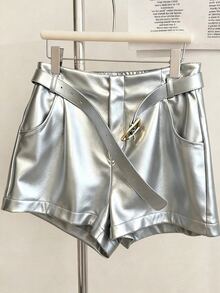 Franclia Plus Size Women's Silver Pocket Casual Shorts - Silver - View 3