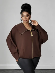 Maweii Jaket Wanita Ukuran Besar Model Batwing Lengan Panjang Warna Polos dengan Resleting - Coffee Brown - View 5
