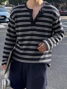 Resyla Men 男士半開襟鈕扣條紋休閒長袖T恤 - 白色 - 查看 1
