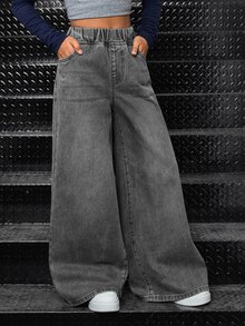 SHEIN Tween Girl Casual Washed Wide Leg Jeans - Light Grey - View 6