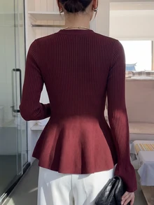 Mulvari Women's Elegant V-Neck Ruffle Trim Waist-Defining Cardigan, Autumn/Winter Social Clothing New Year - Burgundy - View 2